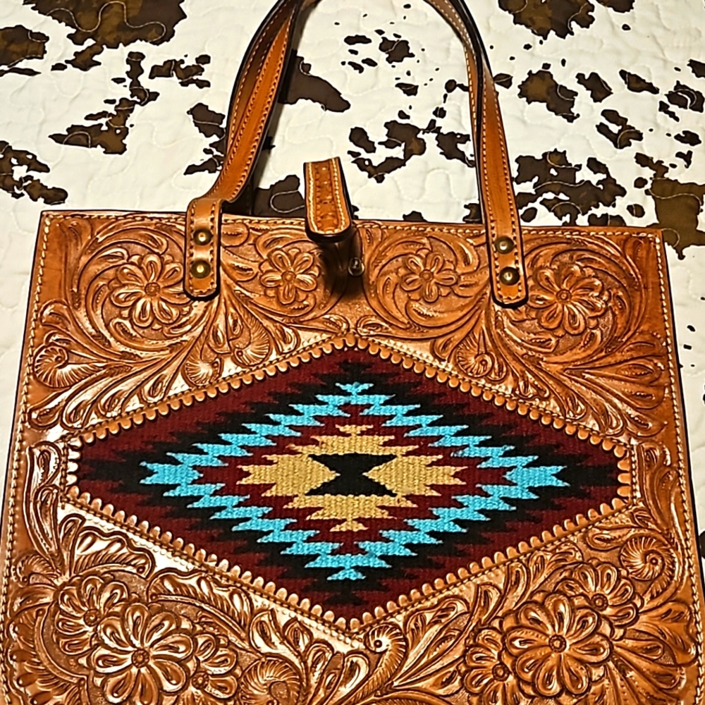 Real leather  purse,woven,wool blanket  design  on front. 15x13 inches